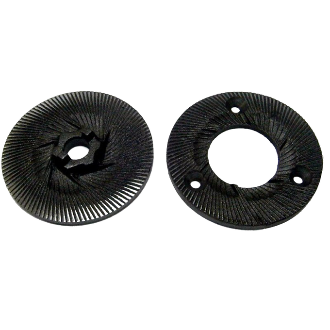 Pair of durable black grinding burrs for grain mills, designed to provide precise extra fine to extra coarse textures, featured in Kitchen & Food, Grain Mills, and Bread Making Supplies collections.