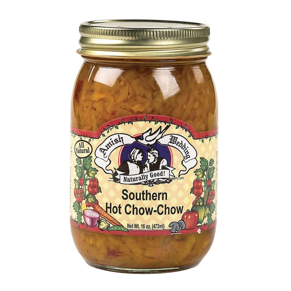 Jar of handcrafted Southern Hot Chow-Chow relish with a gold lid, made in USA, featured in Kitchen & Food, Food, Pantry, USA Made, Best Sellers, and Promo Eligible collections.