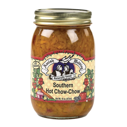 Jar of handcrafted Southern Hot Chow-Chow relish with a gold lid, made in USA, featured in Kitchen & Food, Food, Pantry, USA Made, Best Sellers, and Promo Eligible collections.