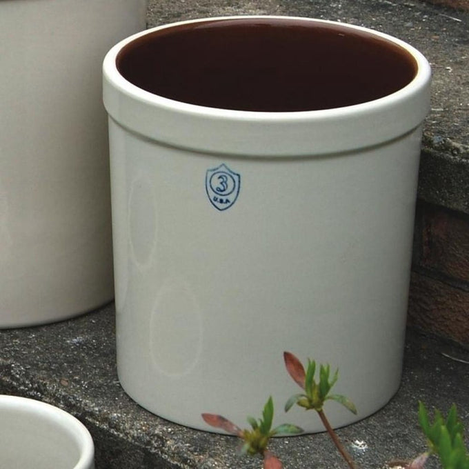 Handcrafted 3-gallon stoneware crock with a smooth glazed interior and exterior, marked with a blue number 3 and made in the USA, ideal for Kitchen & Food, Food Preservation, Fermenting and Pickling collections.