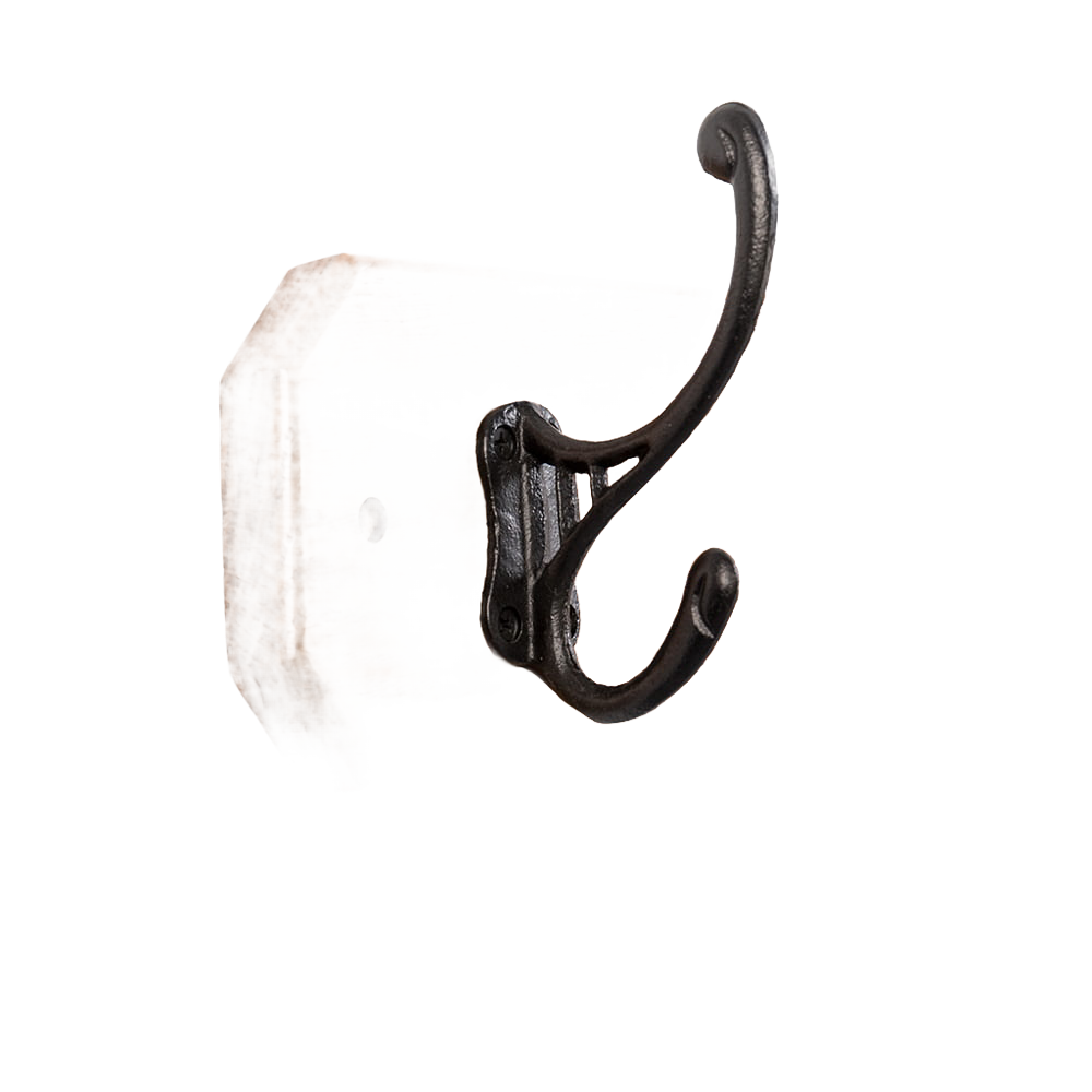 Handcrafted oak wallboard with a curved double metal hook, Amish made in the USA, perfect for organizing coats, featured in Home & Decor, Household Helpers, and Best Sellers collections.