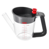 Clear fat separator with black soft-grip handle, red stopper, measurement markings, and built-in strainer, designed for Kitchen & Food, Cooking Helpers, and Promo Eligible collections.