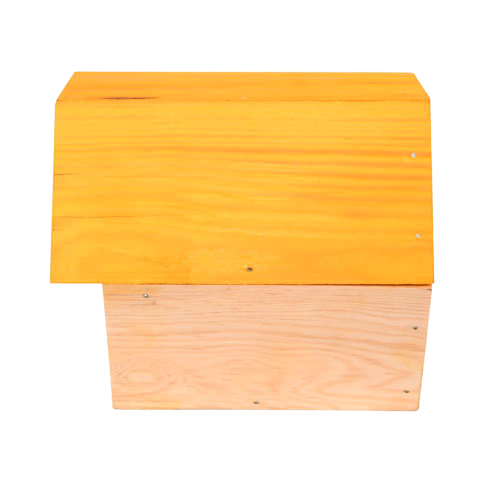Handcrafted wooden bee house with natural pine wood and a vibrant yellow roof, designed to provide shelter for beneficial bees, ideal for Farm, Garden & Tool and Garden Accessories collections.