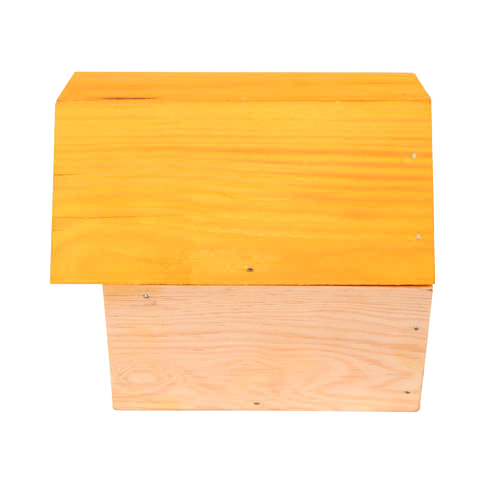 Handcrafted wooden bee house with natural pine wood and a vibrant yellow roof, designed to provide shelter for beneficial bees, ideal for Farm, Garden & Tool and Garden Accessories collections.