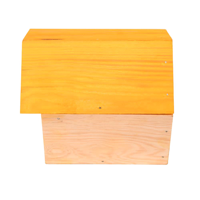 Handcrafted wooden bee house with natural pine wood and a vibrant yellow roof, designed to provide shelter for beneficial bees, ideal for Farm, Garden & Tool and Garden Accessories collections.