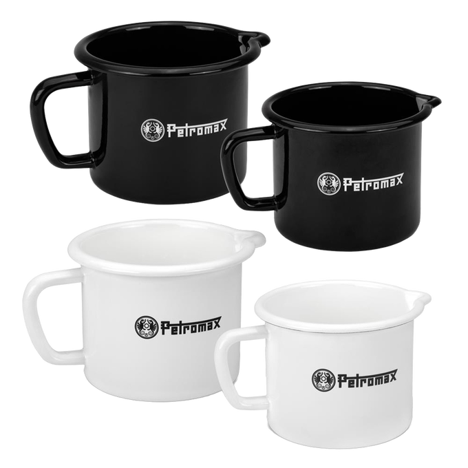 Set of black and white enamel steel milk pots with handles and precision pour spouts, handcrafted for durable use in Farm, Garden & Tool, Kitchen & Food, Camping, Cookware, Pots and Pans, Best Sellers, and Promo Eligible collections.