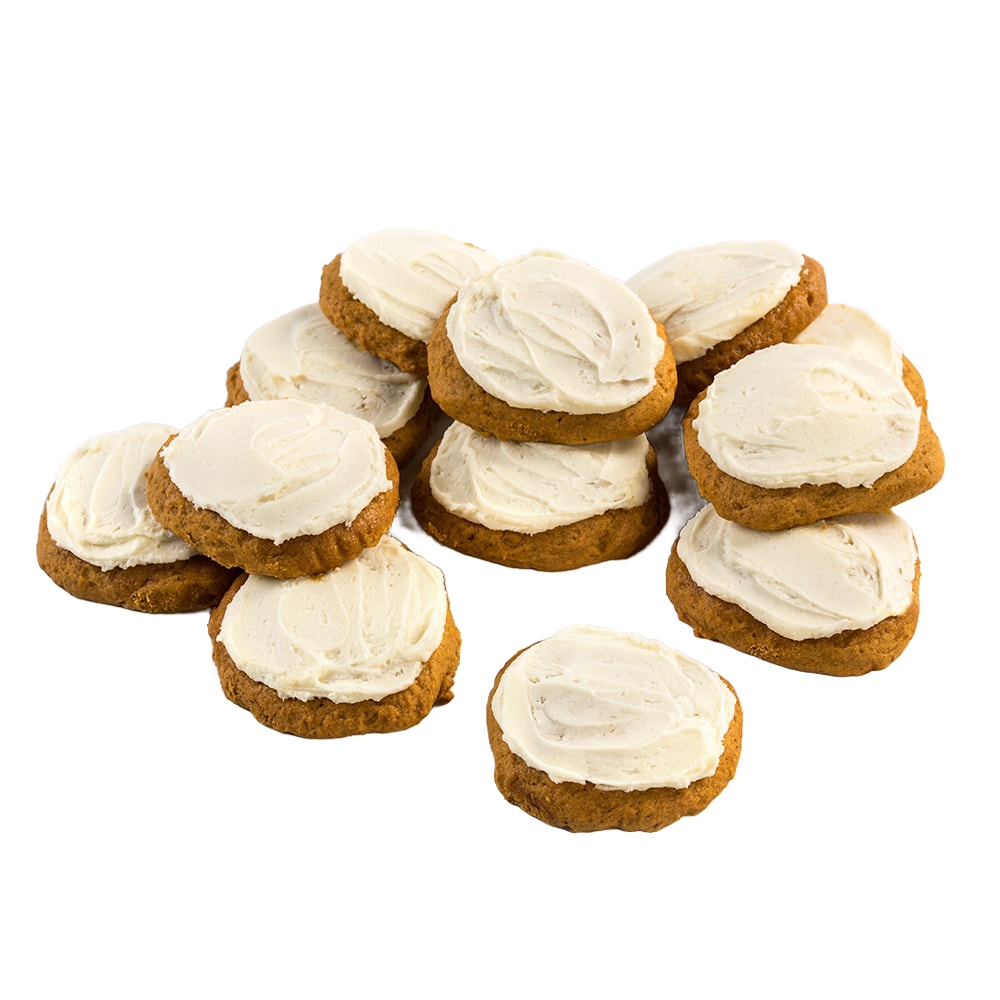 Stack of moist, iced pumpkin cookies with creamy white frosting, showcasing a handcrafted Amish-made treat from USA’s Ohio Amish Country, fitting Kitchen & Food and Snacks collections.