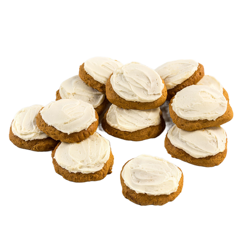 Stack of moist, iced pumpkin cookies with creamy white frosting, showcasing a handcrafted Amish-made treat from USA’s Ohio Amish Country, fitting Kitchen & Food and Snacks collections.