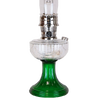 Clear glass oil lamp bowl over a handcrafted emerald glass base with a sweeping font design, featuring metal burner components, perfect for Lamps & Lighting, Oil Lamps, and Table Lamps collections.