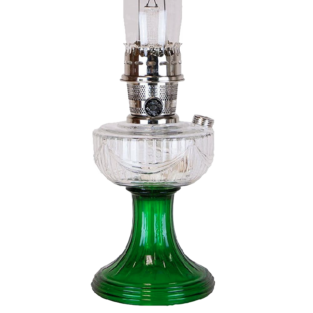Clear glass oil lamp bowl over a handcrafted emerald glass base with a sweeping font design, featuring metal burner components, perfect for Lamps & Lighting, Oil Lamps, and Table Lamps collections.