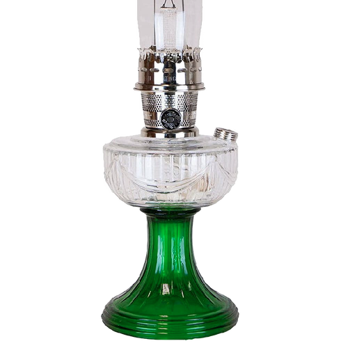 Clear glass oil lamp bowl over a handcrafted emerald glass base with a sweeping font design, featuring metal burner components, perfect for Lamps & Lighting, Oil Lamps, and Table Lamps collections.