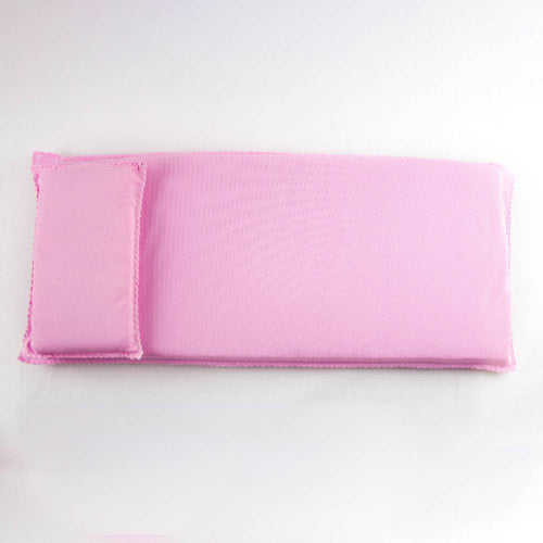 Handcrafted pink miniature bedding set with a pillow and mattress, designed for doll furniture, perfect for children's toys and Amish made collections.