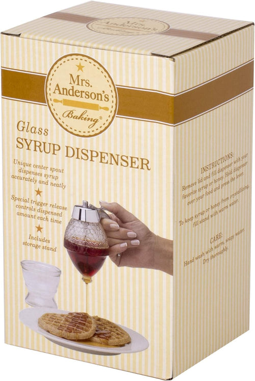 Boxed glass syrup dispenser featuring a unique center spout and trigger release, includes storage stand, suitable for Kitchen & Food, Storage and Serving, Best Sellers, and Promo Eligible collections.