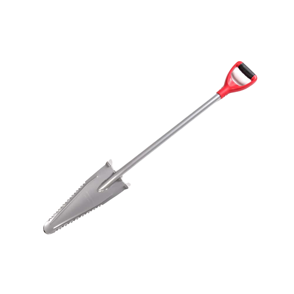 Large gardening shovel with a sharp, serrated edge and a red D-shaped handle, designed for clearing overgrown areas, featured in Farm, Garden & Tool and Digging and Cultivating collections.