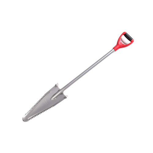 Large gardening shovel with a sharp, serrated edge and a red D-shaped handle, designed for clearing overgrown areas, featured in Farm, Garden & Tool and Digging and Cultivating collections.
