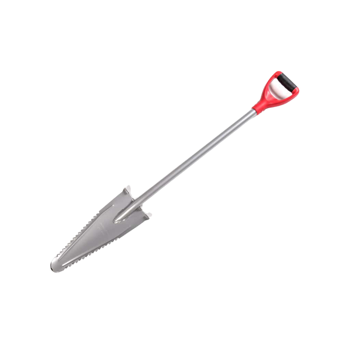 Large gardening shovel with a sharp, serrated edge and a red D-shaped handle, designed for clearing overgrown areas, featured in Farm, Garden & Tool and Digging and Cultivating collections.
