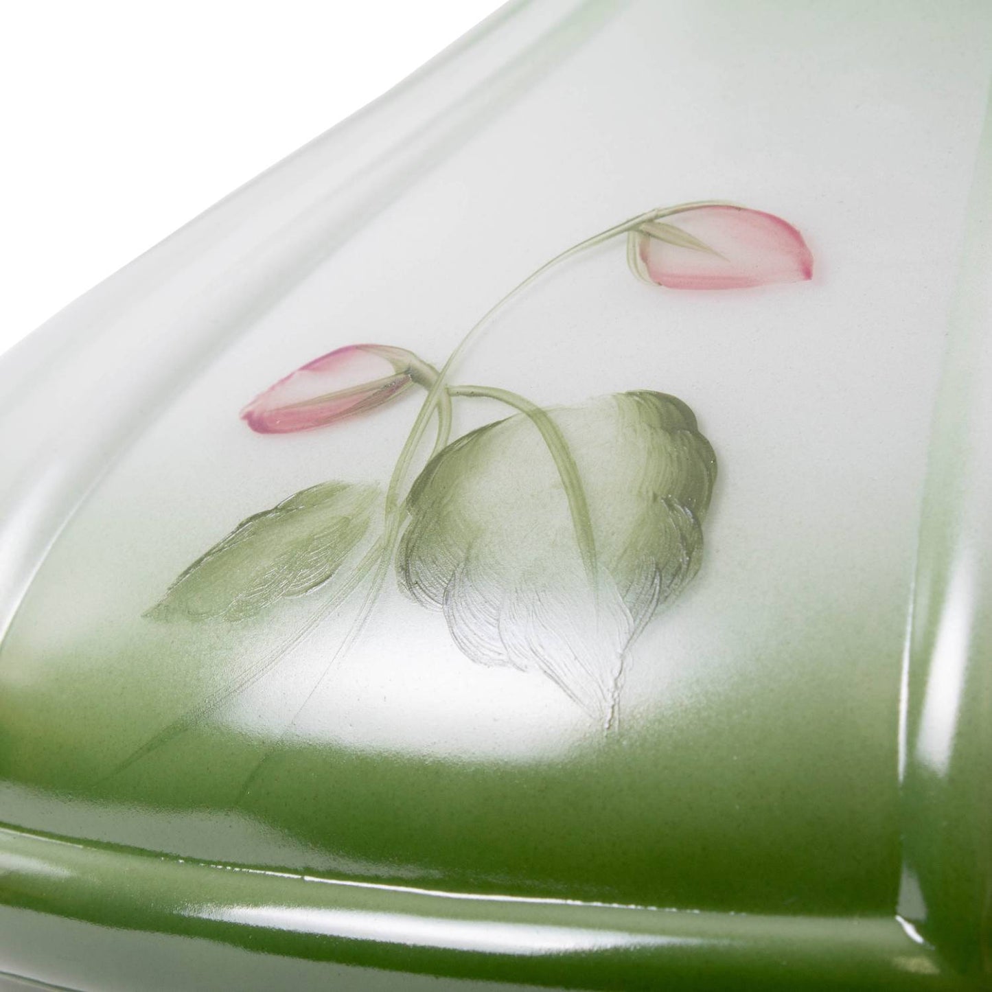 Handcrafted glass oil lamp shade featuring soft green fading to clear with delicate violet floral buds, ideal for Lamps & Lighting, Parts and Accessories, and Lamp Shades collections.