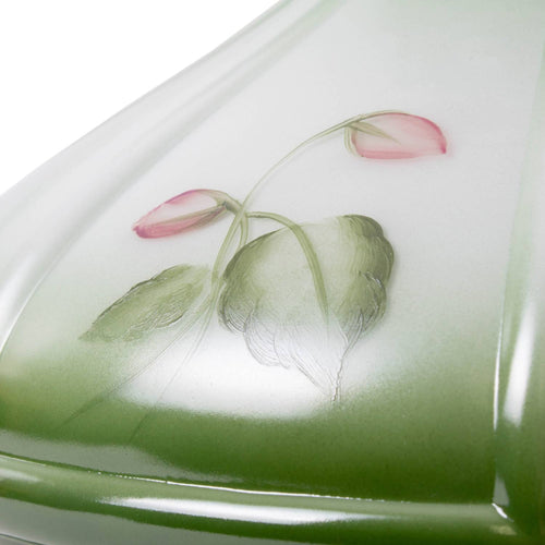 Handcrafted glass oil lamp shade featuring soft green fading to clear with delicate violet floral buds, ideal for Lamps & Lighting, Parts and Accessories, and Lamp Shades collections.