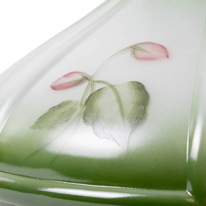 Handcrafted glass oil lamp shade featuring soft green fading to clear with delicate violet floral buds, ideal for Lamps & Lighting, Parts and Accessories, and Lamp Shades collections.