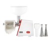Weston Deluxe electric food mill with white plastic base, red accents, stainless steel straining components, and three interchangeable stainless steel screens, ideal for Kitchen & Food and Food Prep collections.