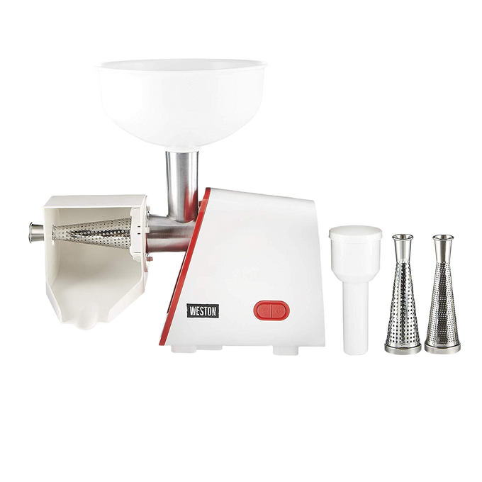 Weston Deluxe electric food mill with white plastic base, red accents, stainless steel straining components, and three interchangeable stainless steel screens, ideal for Kitchen & Food and Food Prep collections.