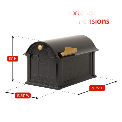Handcrafted black mailbox with gold flag and handle, featuring classic Balmoral design, made in USA, perfect for Home & Decor, Mailboxes and Address Signs, and Best Sellers collections.