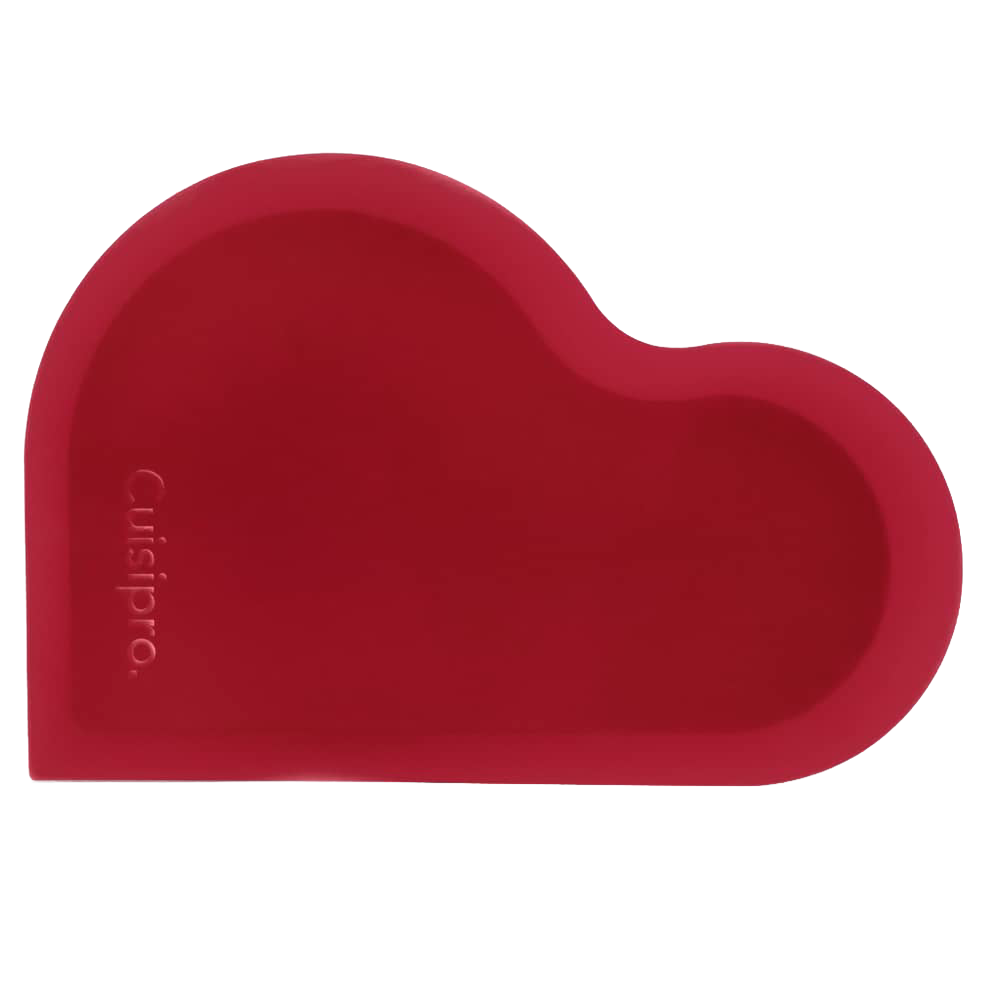 Heart-shaped flexible silicone scraper with a thin, flexible metal core, designed for effortless mixing bowl scraping and cake icing in Kitchen & Food and Baking Supplies collections.