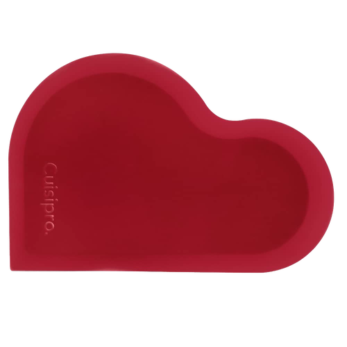 Heart-shaped flexible silicone scraper with a thin, flexible metal core, designed for effortless mixing bowl scraping and cake icing in Kitchen & Food and Baking Supplies collections.