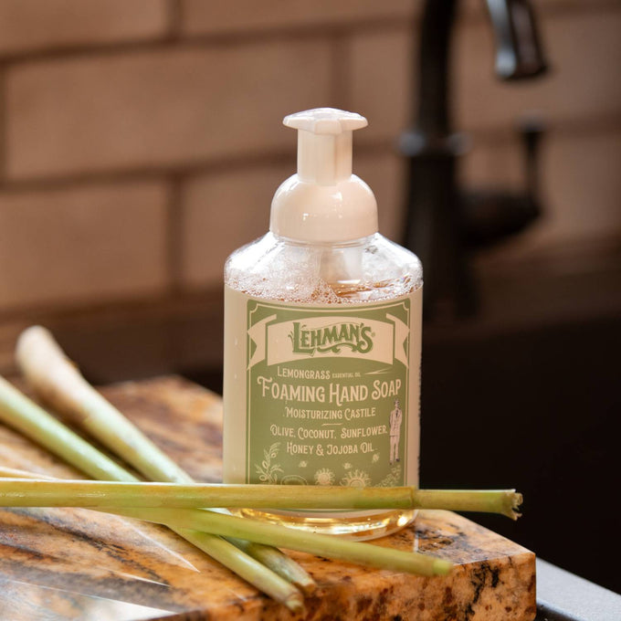 Clear pump bottle of handcrafted moisturizing foaming hand soap with lemongrass scent, made in USA with natural oils and honey, ideal for Health & Wellness and Soaps collections.