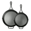 Two lightweight cast iron skillets with a smooth seasoned surface and loop handles, designed for Kitchen & Food, Cast Iron, USA Made, and Best Sellers collections.