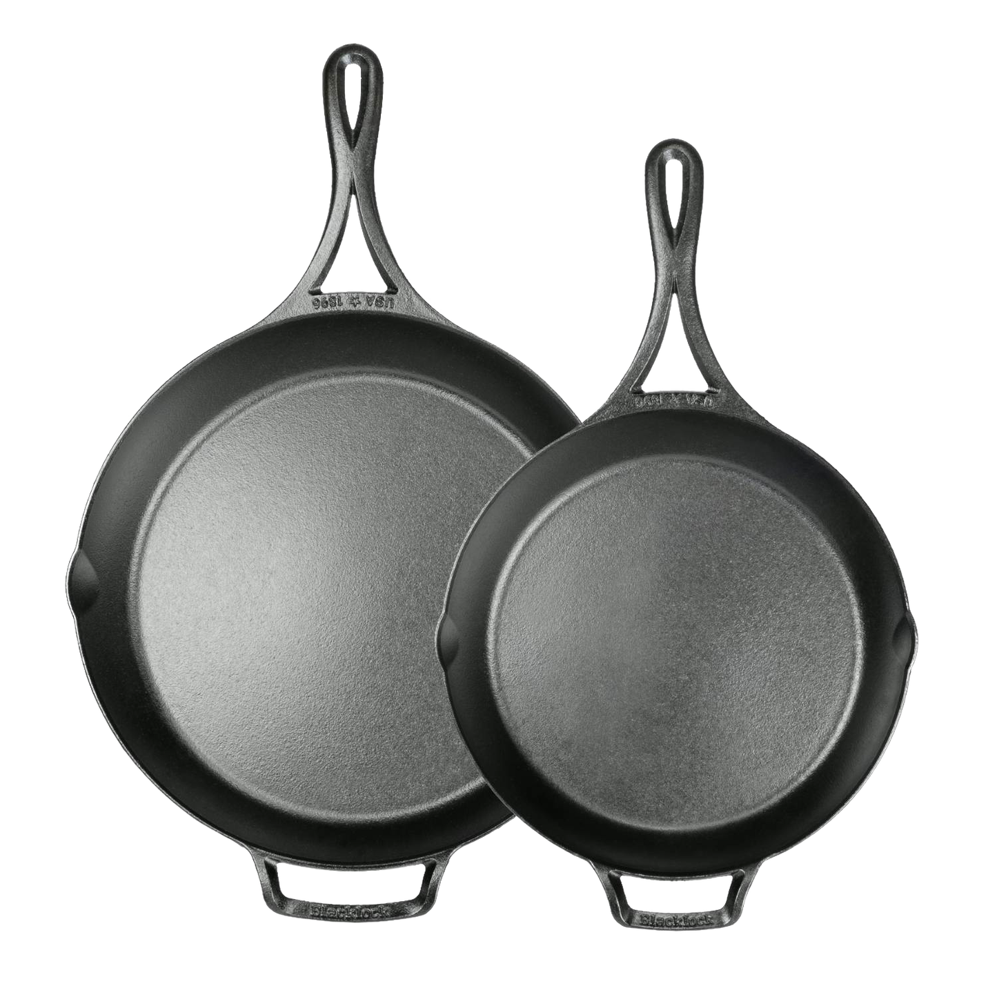 Two lightweight cast iron skillets with a smooth seasoned surface and loop handles, designed for Kitchen & Food, Cast Iron, USA Made, and Best Sellers collections.
