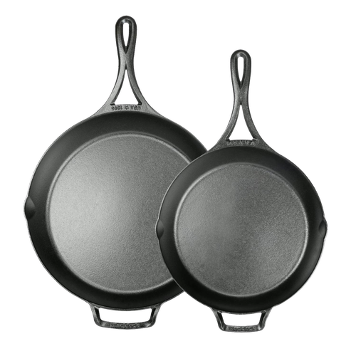 Two lightweight cast iron skillets with a smooth seasoned surface and loop handles, designed for Kitchen & Food, Cast Iron, USA Made, and Best Sellers collections.