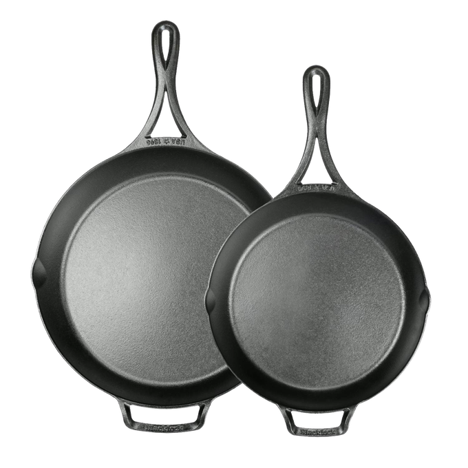 Two lightweight cast iron skillets with a smooth seasoned surface and loop handles, designed for Kitchen & Food, Cast Iron, USA Made, and Best Sellers collections.