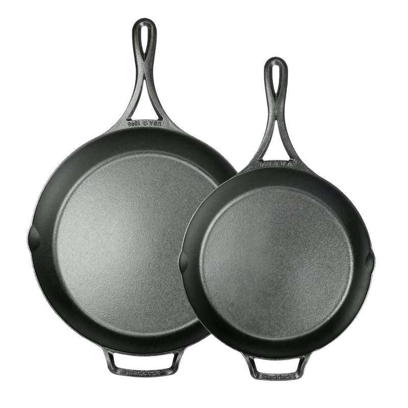 Two lightweight cast iron skillets with a smooth seasoned surface and loop handles, designed for Kitchen & Food, Cast Iron, USA Made, and Best Sellers collections.