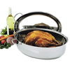 Polished stainless steel roaster pan with lid, holding a whole cooked bird, accompanied by fresh vegetables and a bottle of white wine, ideal for Kitchen & Food, Cookware, and Best Sellers collections.
