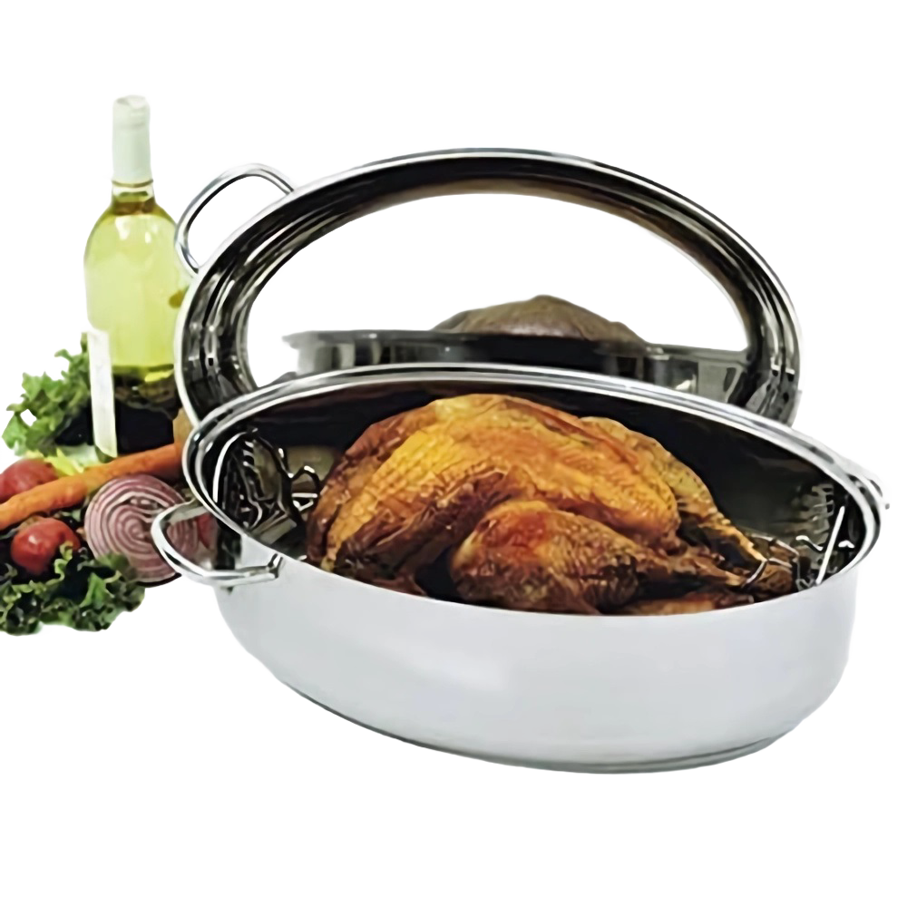 Polished stainless steel roaster pan with lid, holding a whole cooked bird, accompanied by fresh vegetables and a bottle of white wine, ideal for Kitchen & Food, Cookware, and Best Sellers collections.