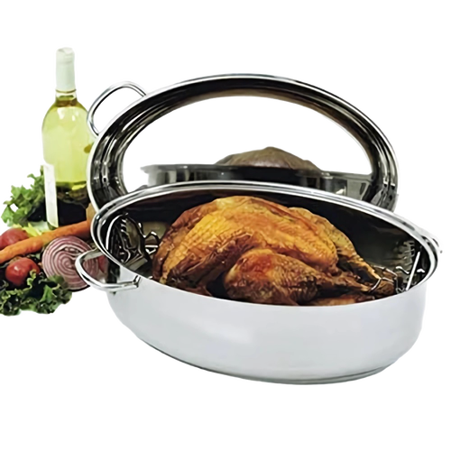 Polished stainless steel roaster pan with lid, holding a whole cooked bird, accompanied by fresh vegetables and a bottle of white wine, ideal for Kitchen & Food, Cookware, and Best Sellers collections.