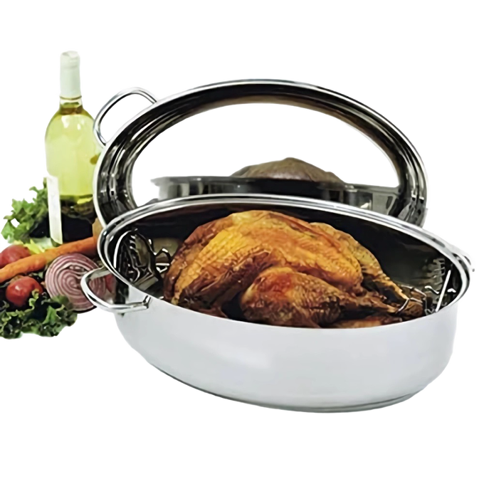 Polished stainless steel roaster pan with lid, holding a whole cooked bird, accompanied by fresh vegetables and a bottle of white wine, ideal for Kitchen & Food, Cookware, and Best Sellers collections.