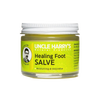 Small glass jar with white lid containing Uncle Harry's Healing Foot Salve, featuring a bright yellow label highlighting moisturizing and restorative benefits, USA made and ideal for Health & Wellness collections.