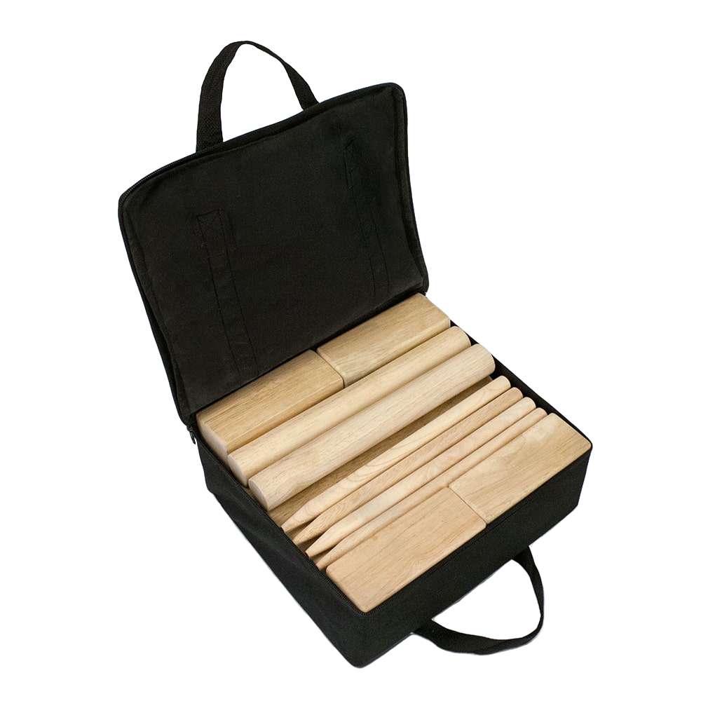 Compact black canvas storage bag opened to reveal a handcrafted wooden Kubb yard game set with king block, rectangular and knight blocks, and six throwing dowels, ideal for lawn games and outdoor family fun in Toys, Books & Games, Lawn Games, Best Sellers, and Promo Eligible collections.