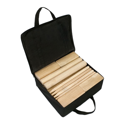 Compact black canvas storage bag opened to reveal a handcrafted wooden Kubb yard game set with king block, rectangular and knight blocks, and six throwing dowels, ideal for lawn games and outdoor family fun in Toys, Books & Games, Lawn Games, Best Sellers, and Promo Eligible collections.