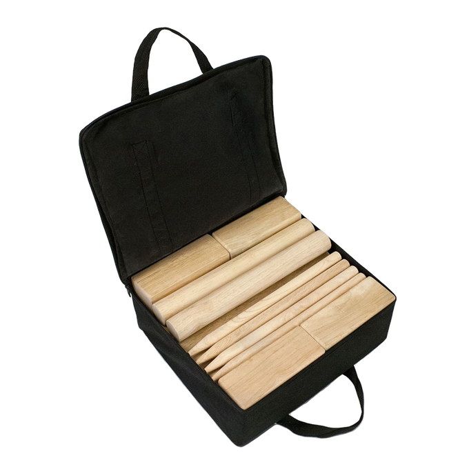 Compact black canvas storage bag opened to reveal a handcrafted wooden Kubb yard game set with king block, rectangular and knight blocks, and six throwing dowels, ideal for lawn games and outdoor family fun in Toys, Books & Games, Lawn Games, Best Sellers, and Promo Eligible collections.