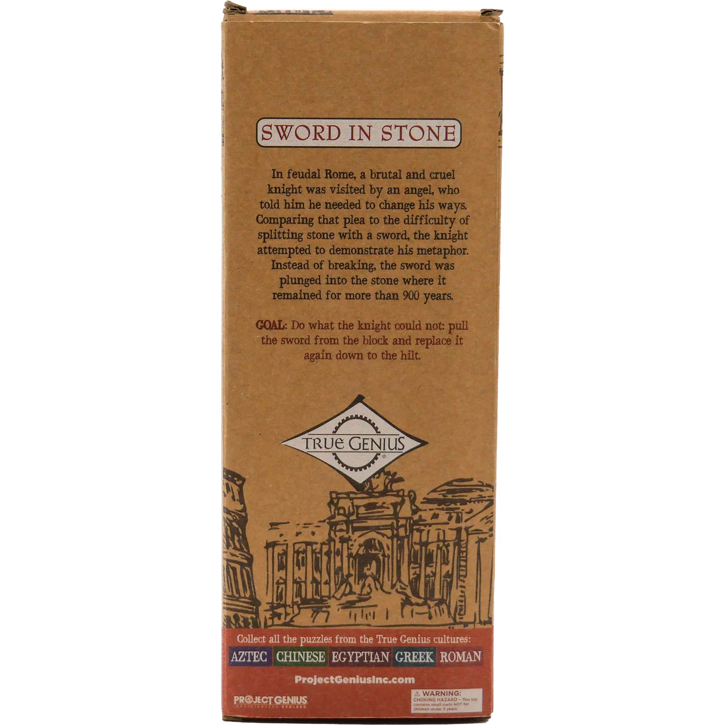 Handcrafted wooden Sword in Stone brainteaser puzzle packaging with historic Roman-style illustrations, featured in Toys, Games and Puzzles, Children's Toys, and Best Sellers collections.