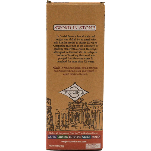 Handcrafted wooden Sword in Stone brainteaser puzzle packaging with historic Roman-style illustrations, featured in Toys, Games and Puzzles, Children's Toys, and Best Sellers collections.