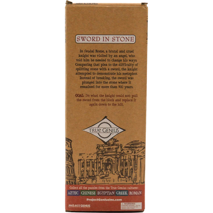 Handcrafted wooden Sword in Stone brainteaser puzzle packaging with historic Roman-style illustrations, featured in Toys, Games and Puzzles, Children's Toys, and Best Sellers collections.