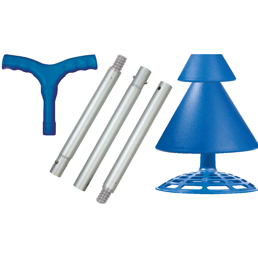 Components of a collapsible hand-operated clothes washer including a blue ergonomic handle, three metal rods, and a blue plunger head, part of a portable laundry system in Home & Decor and Laundry Supplies collections.
