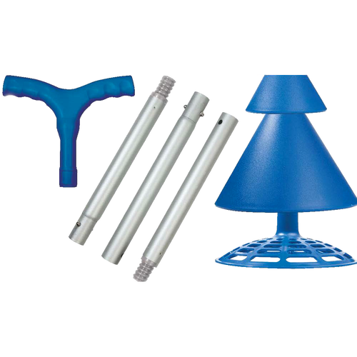 Components of a collapsible hand-operated clothes washer including a blue ergonomic handle, three metal rods, and a blue plunger head, part of a portable laundry system in Home & Decor and Laundry Supplies collections.