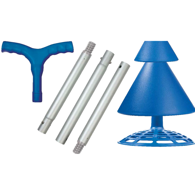 Components of a collapsible hand-operated clothes washer including a blue ergonomic handle, three metal rods, and a blue plunger head, part of a portable laundry system in Home & Decor and Laundry Supplies collections.