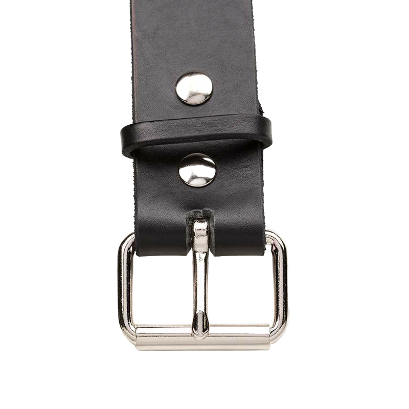 Close-up of a handcrafted black genuine cowhide leather casual/work belt, 2 inches wide, with a chrome buckle and snaps, made in the USA, featured in Health & Wellness and Amish Made collections.