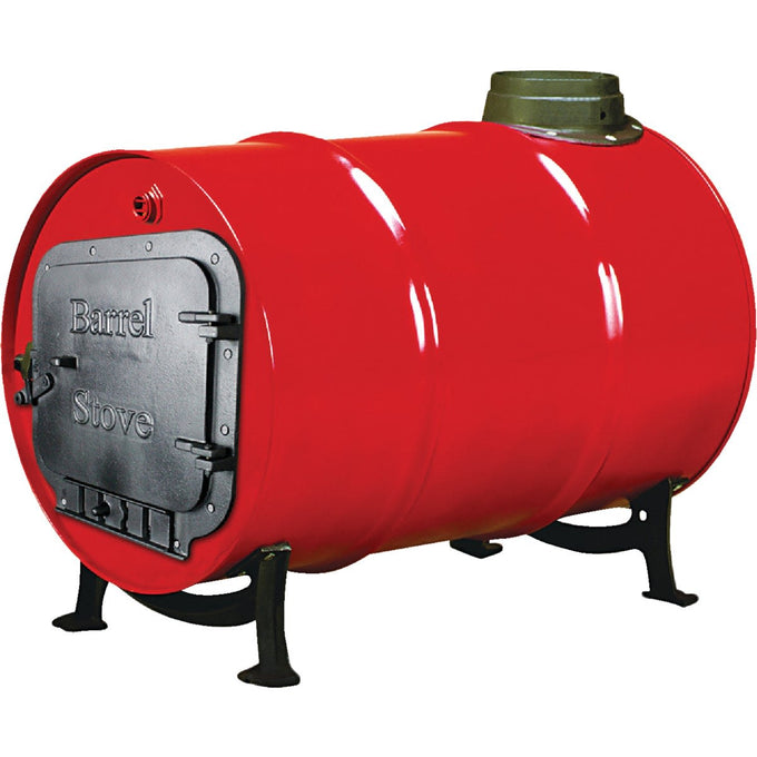 Handcrafted heat stove kit featuring a red 55-gallon steel barrel with cast iron doorframe and legs, designed for Stoves, Hearth Accessories, and Heatstoves collections.